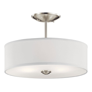 Kichler 43675NI Shailene Ceiling Light 3-Light Semi-Flush Mount Fabric Drum Shade Brushed Nickel 100 Watts 120 Volt