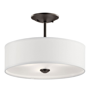 Kichler 43675OZ Shailene Ceiling Light 3-Light Semi-Flush Mount Fabric Drum Shade Olde Bronze 100 Watts 120 Volt