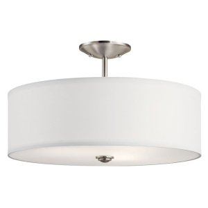 Kichler 43692NI Shailene Ceiling Light 3-Light Semi-Flush Mount Fabric Square Shade Brushed Nickel 75 Watts 120 Volt