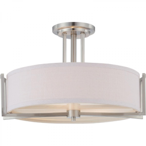 Satco 60-4758 Gemini, 3 Light, Semi-Flush Fixture with Slate Gray Fabric Shade