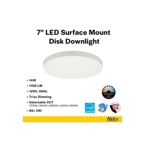 Halco Lighting Technologies DSK-7-CS-120V  Surface Mount Disk 7in 14W 1200 Lumens 27/30/35/40/50K Color Select 120V Triac Dim 83898 